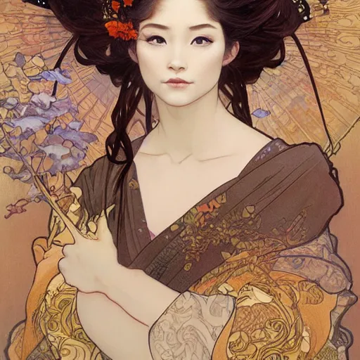 Prompt: realistic detailed face portrait of a beautiful young Geisha with an autumn forest rising out of her hair by Alphonse Mucha, Ayami Kojima, Amano, Charlie Bowater, Karol Bak, Greg Hildebrandt, Jean Delville, and Mark Brooks, Art Nouveau, Neo-Gothic, gothic, rich deep moody colors