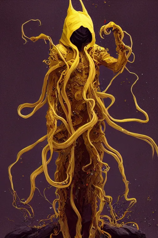 Image similar to A full body portrait of a mysterious character with no face with a very long hooded yellow cloak, a golden crown floating above his head tentacles coming out the ground art by Maciej Kuciara and Jason Chan, ominous, cosmic horror, trending on artstation, Ultra detailed, hyper realistic 4k