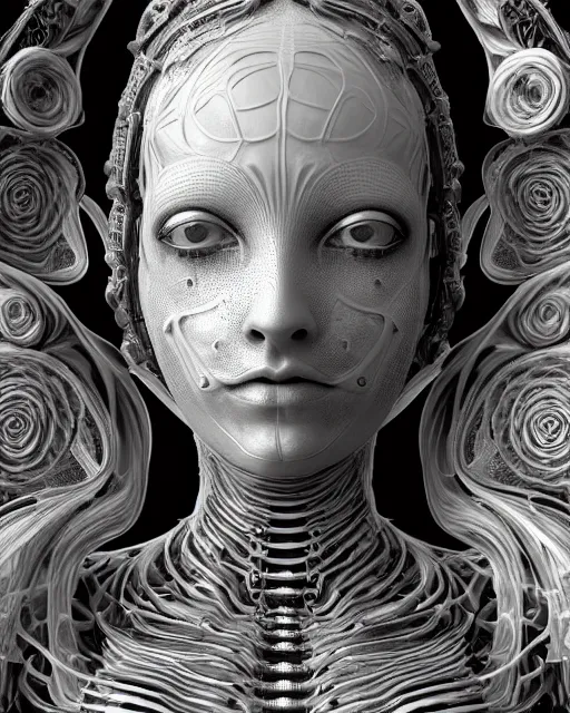 Image similar to mythical dreamy black and white organic bio-mechanical spinal ribbed profile face portrait detail of translucent steampunk beautiful female angelic-human-queen-vegetal-cyborg, highly detailed, intricate trnaslucent ivy jelly ornate, poetic, translucent roses ornate, 3D render, digital art, octane render, 8K artistic photography, photo-realistic, by Dora Maar