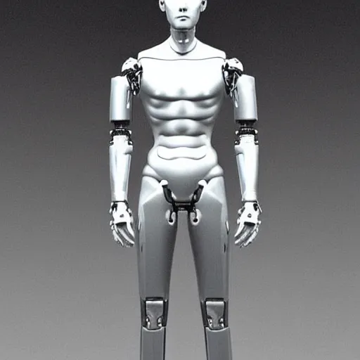 Image similar to “a realistic detailed photo of a guy who is an attractive humanoid who is half robot and half humanoid, who is a male android, Grant Knoche, shiny skin, posing like a statue, blank stare”