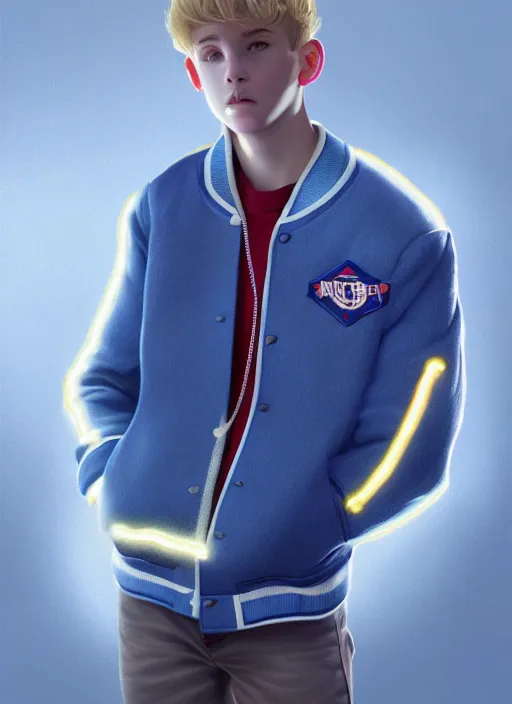 Image similar to portrait of a teenage boy named moose mason, blonde short hair, jock, beefy, square jaw, square facial structure, 1 9 5 0 s, blue varsity jacket, intricate, elegant, glowing lights, highly detailed, digital painting, artstation, concept art, smooth, sharp focus, illustration, art by wlop, mars ravelo and greg rutkowski