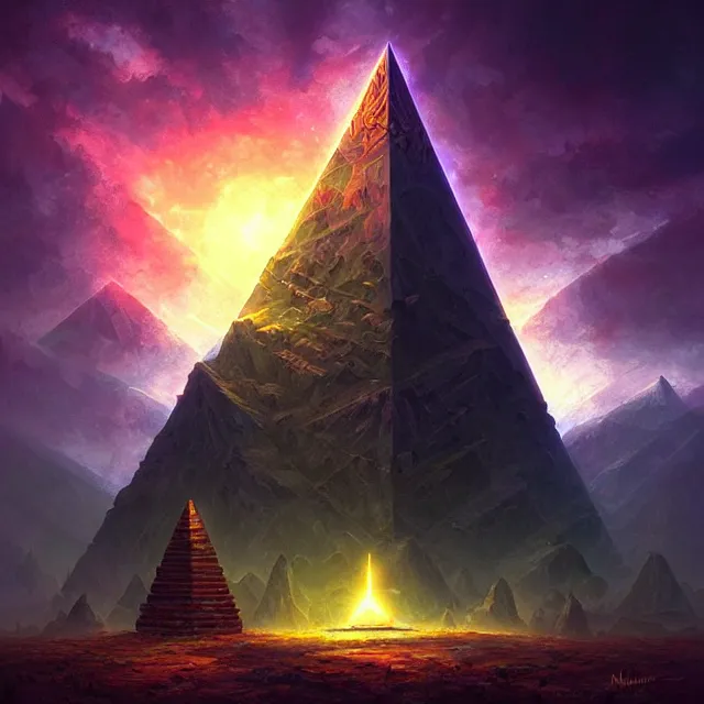 Image similar to the illuminati eye pyramid, a fantasy magical landscape seen in the distance, atmospheric lighting, intricate, volumetric lighting, beautiful, sharp focus, ultra detailed, in the art style of marc simonetti, bowater charlie and brom gerald, astrophotography