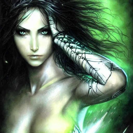 Image similar to female warrior, black hair, gorgeous green eyes, cinematic, by luis royo