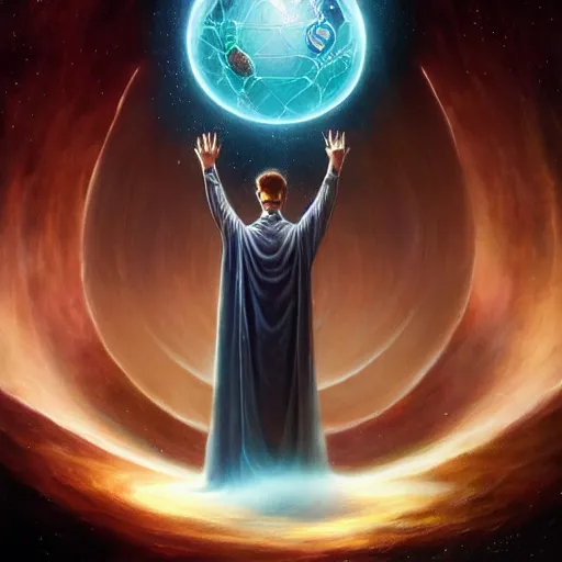 Image similar to the creator of worlds wearing a cloak and holding a holographic planet projection in his hand, detailed, sci - fi, digital painting, artstation, sharp focus, illustration, ominous, artgerm, tomasz alen kopera, peter mohrbacher, donato giancola, joseph christian leyendecker, wlop, frank frazetta