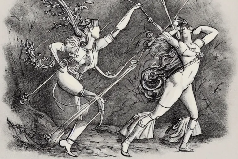 Prompt: Vintage, beautiful, sketch of the goddess artemis aiming a bow at a robot deer.