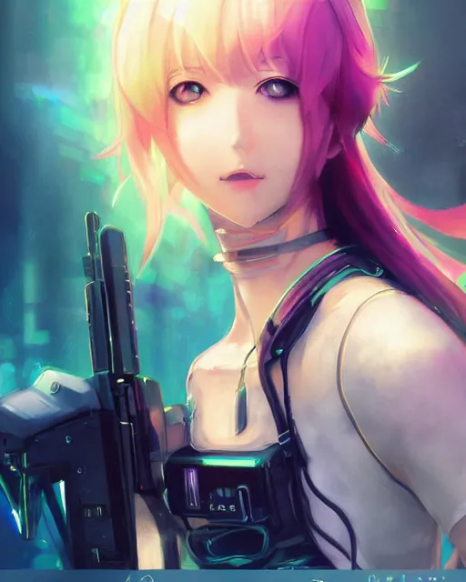 Image similar to nami, anime key visual of a young female swat officer, neon, cyberpunk, futuristic, white clothing, black vest, swat helmet, stunning, highly detailed, digital painting, smooth, soft focus, illustration, 4 k digital art from artstation by artgerm and greg rutkowski and alphonse mucha