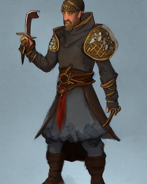 Image similar to a concept art of a D&D character, holding a small sword made by Donutello, white background