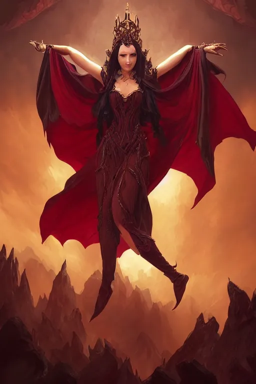 Image similar to beautiful vampire female queen, full body shot, ascending form the sky, hands reaching for her, d & d, fantasy, intricate, elegant, highly detailed, digital painting, artstation, concept art, matte, sharp focus, illustration, hearthstone, art by artgerm and greg rutkowski and alphonse mucha