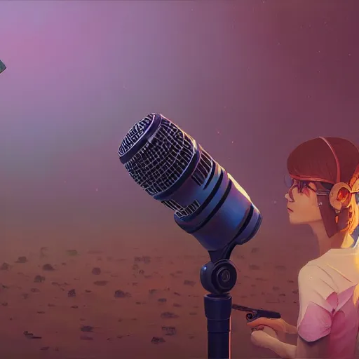 Image similar to highly detailed surreal microphone, stephen bliss, unreal engine, greg rutkowski, loish, rhads, beeple, makoto shinkai and lois van baarle, ilya kuvshinov, rossdraws, tom bagshaw, alphonse mucha, global illumination, detailed and intricate environment