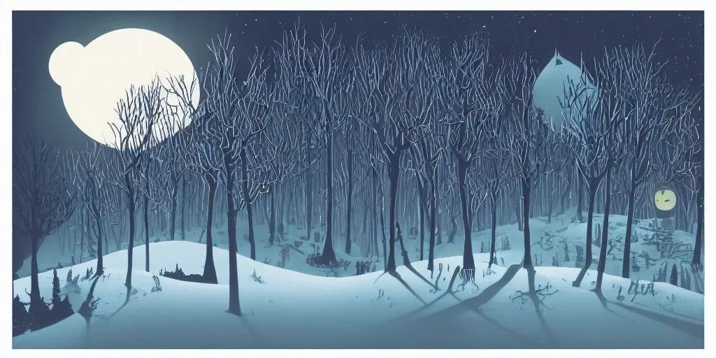 Image similar to a night landscape background, rob gonsavles, eyvind earle, nightmare before christmas