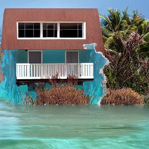 Image similar to a house half submerged in the ocean.