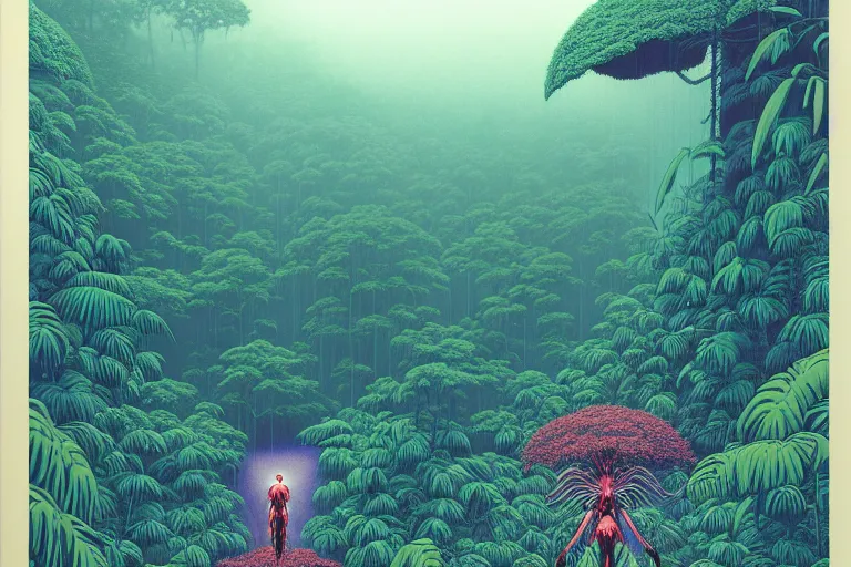 Prompt: one gigantic massive evangelion lost in tropical rain forest, a lot of exotic vegetation, trees, flowers, dull colors, - like mech staying in the foggy huge forest covered with web and cotton, by moebius, schuiten, craig mullin, rodney matthew, hyperrealism, intricate detailed, risograph