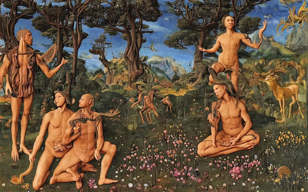 Image similar to a portrait photograph of a meditating satyr and a centaur monk riding a rocket machine and hunting at a river delta. surrounded by bulbous flowers and trees. mountain range under a blue sky of fiery stars. by jan van eyck, max ernst, ernst haeckel, ernst fuchs and artgerm, cgsociety, fashion editorial, 8 k