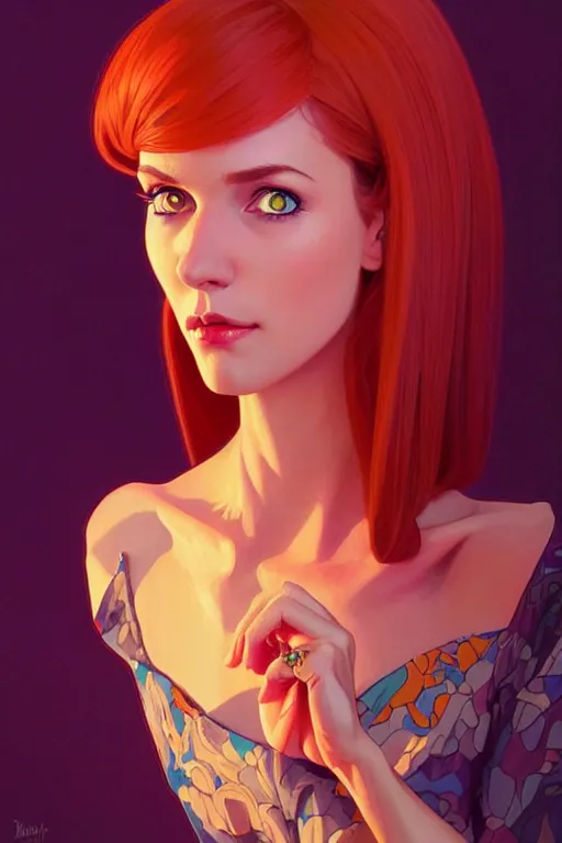 Prompt: a portrait of daphne ( scooby - doo ), fantasy, sharp focus, intricate, elegant, digital painting, artstation, matte, highly detailed, concept art, illustration, ambient lighting, art by ilya kuvshinov, artgerm, alphonse mucha, and greg rutkowski