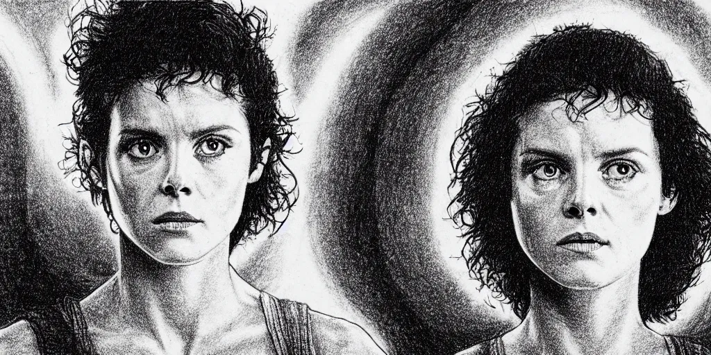 Image similar to a stipple drawing of ripley from the movie alien, looking into the camera