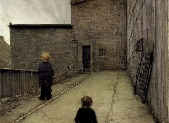 Image similar to dark alley full of poor children who live on the street, painting by andrew wyeth and alan lee, very detailed, somber mood,