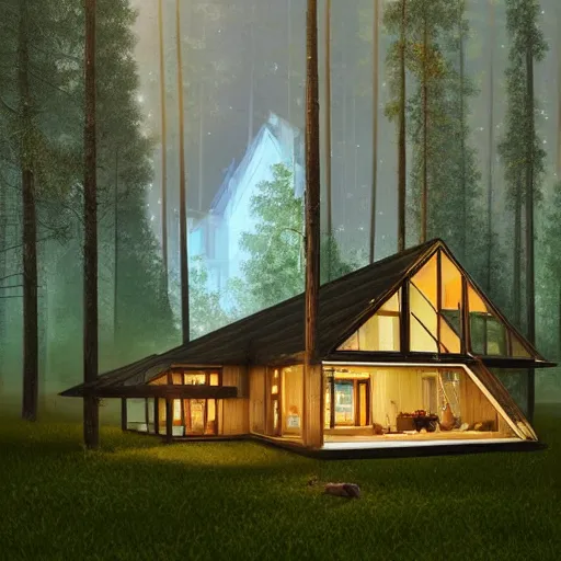 Prompt: a-frame cottage in clearing surrounded by trees, it is night, the windows are lit, concept art, aerial view, low fantasy