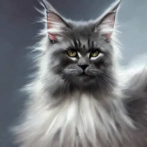 Image similar to a big old menacing dark grey maine coon cat with white belly, white paws and white face markings with long fur and fluffy tail, sitting, intricate, elegant, highly detailed, digital painting, artstation, concept art, matte, sharp focus, illustration, art by Artgerm and Greg Rutkowski and Alphonse Mucha