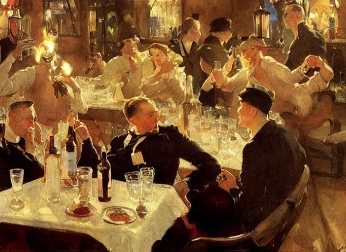 Image similar to men having dinner, singing, roaring twenties, cellar, masterpiece, torches on wall, meat, wine, schnapps, smoking cigars, scantily clad blondes, oil painting by anders zorn and carl larsson, art nouveau