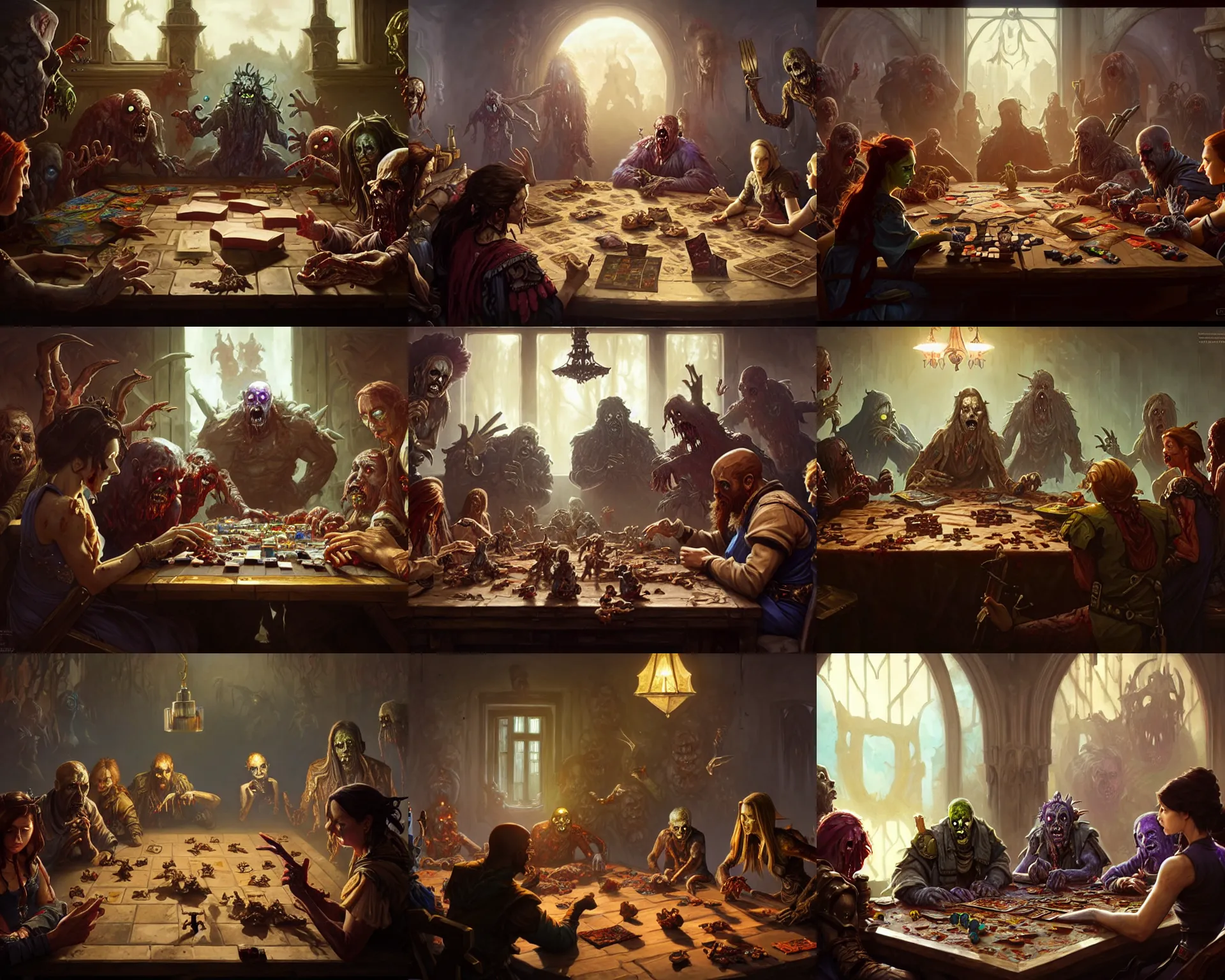 Prompt: film still, zombies sit at table playing dnd, deep focus, d & d, fantasy, intricate, elegant, highly detailed, digital painting, artstation, concept art, matte, sharp focus, illustration, hearthstone, art by artgerm and greg rutkowski and alphonse mucha.