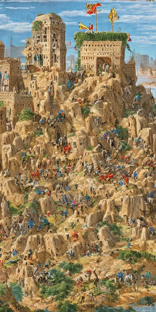 Prompt: a herd of goats climbing a tall citadel with tall towers and long stairs, colorful, beautiful, highly detailed