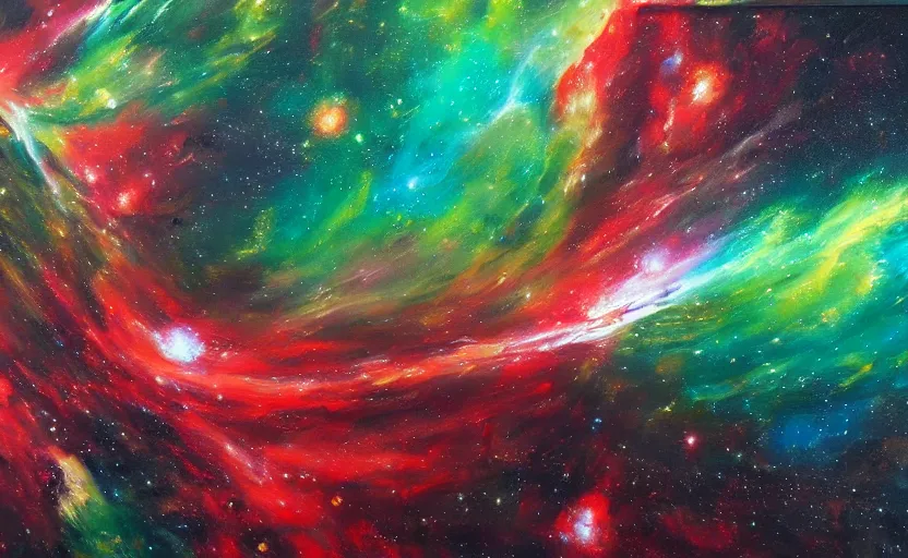Image similar to an abstract oil painting of a beautiful space nebula, red and green; hyper-detailed; an extraordinary masterpiece!!!; flawless; trending on artstation