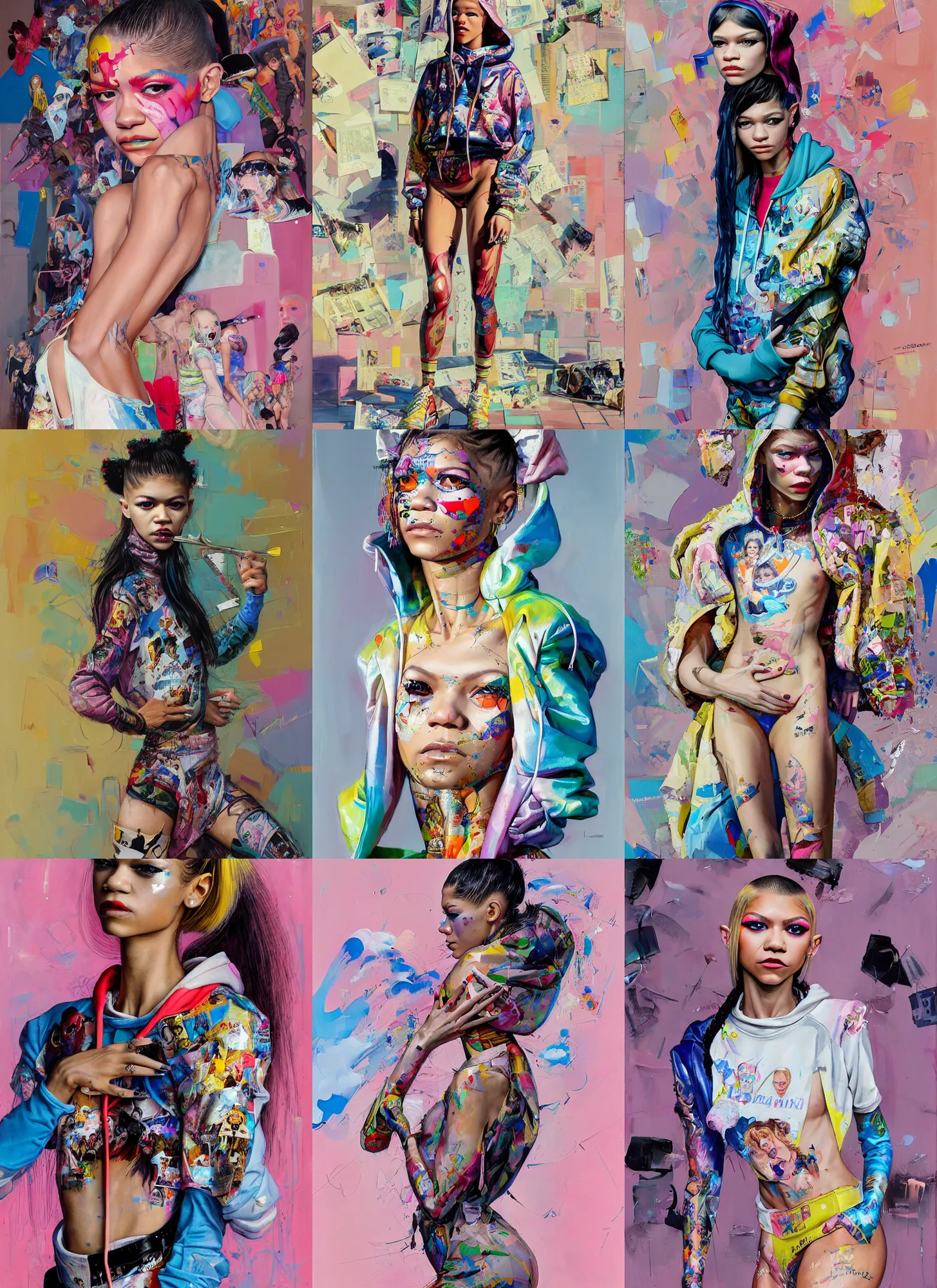 Prompt: ( ( yolandi visser ) ) zendaya in the style of martine johanna and donato giancola, wearing a hoodie, standing in a township street, street fashion outfit,!! haute couture!!, full figure painting by john berkey, david choe, ismail inceoglu, pastel color, detailed impasto brush strokes, 2 4 mm lens