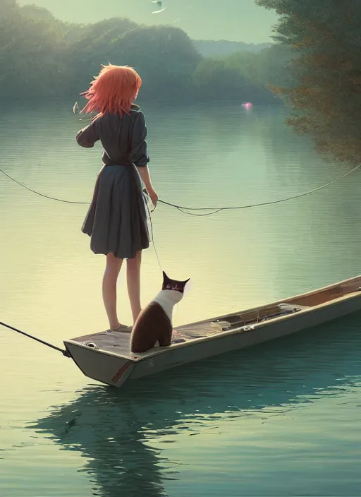 Image similar to highly detailed portrait of a cat fishing at a lake, stephen bliss, unreal engine, greg rutkowski, loish, rhads, beeple, makoto shinkai and lois van baarle, ilya kuvshinov, rossdraws, tom bagshaw, tom whalen, alphonse mucha, global illumination, god rays, detailed and intricate environment