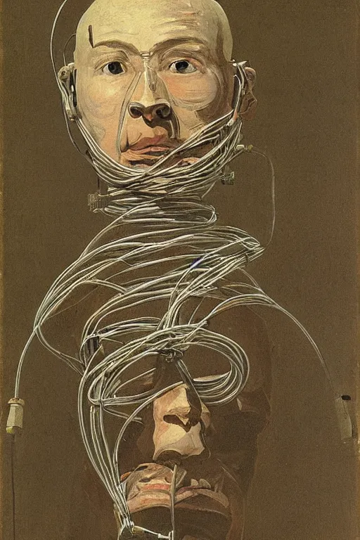 Image similar to a cyborg monk with cables and wires attached to his face by francisco goya