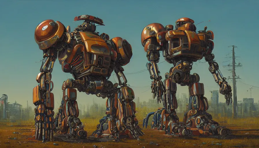 Image similar to an intricate oil painting of a giant scrap metal anime mecha with rounded components by simon stalenhag