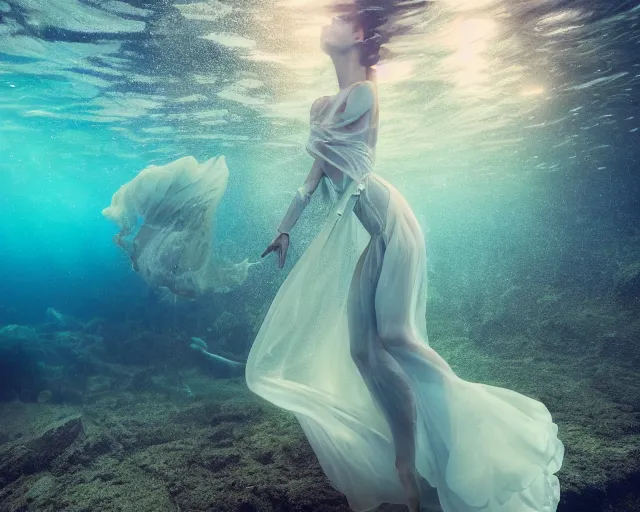 Image similar to beautiful female portrait, full body, diver in long flowy dress, underwater, cinematic volumetric lighting, soft bokeh, glow, 8 k, by wlop, by ross tran, fashion photography