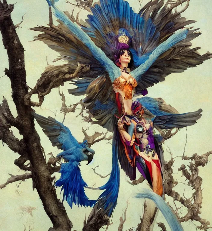 Prompt: a portrait photograph of a meditating fierce krysten ritter as a colorful harpy bird super hero with blue skin. she has many skin grafts and cyborg body modifications. by donato giancola, hans holbein, walton ford, gaston bussiere, peter mohrbacher and brian froud. 8 k, cgsociety, fashion editorial