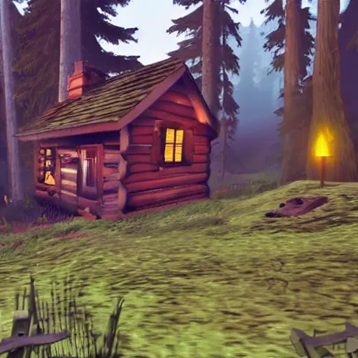 Image similar to a photo of a Eerie cabin in the middle of the woods in the style of Super Smash bros, gameplay footage