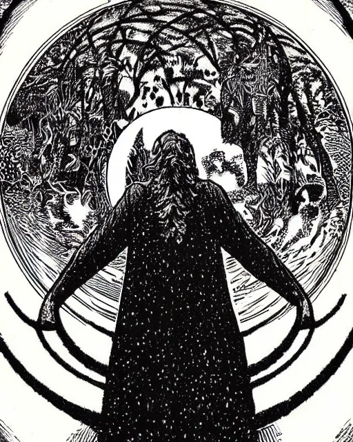 Image similar to a druid standing in a circle at the beginning of the world by virgil finlay