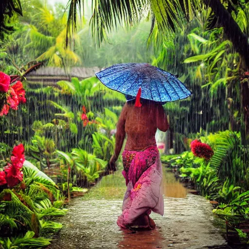 Image similar to monsoon on tropical island, oriental woman, ornate, beautiful, atmosphere, vibe, mist, coconuts, rain, wet, pristine, puddles, melting, dripping, snow, creek, lush, ice, bridge, forest, roses, flowers, by francis bacon