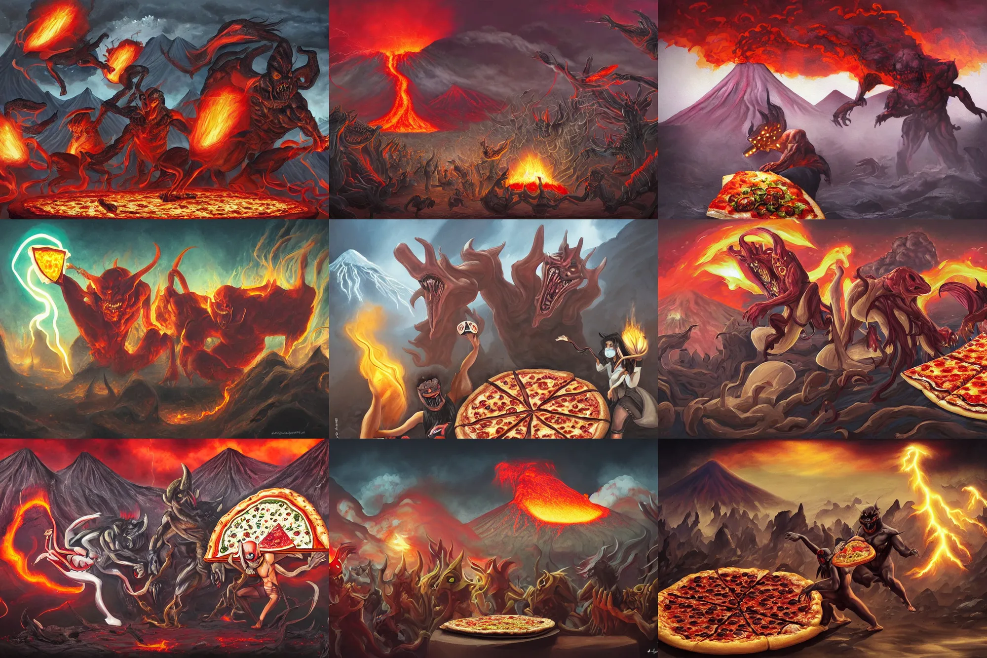 Prompt: masked demons grabbing a large pizza!!!, in the background is a volcano spewing lava and black smoke, streams of glowing hot lava, flashes of lightning in the distance. wide angle, long shot, an ultrafine detailed painting by artgerm and greg rutkowski and fuji choko and viktoria gavrilenko and hoang lap, deviantart, pop surrealism