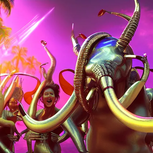 Prompt: 1 9 7 0's bollywood movie octane render, weta digital, cinema 4 d, an elephant wearing a silver latex suit and an iridescent metal helmet surrounded by women dancing in colorful flowing intricate dresses on a tropical alien planet