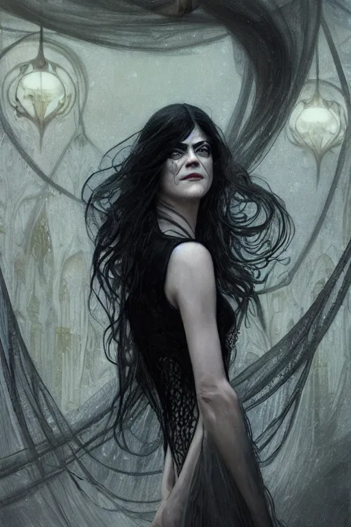 Prompt: portrait of selma blair as death of the endless, the sandman, grey clothes, in persian temple wet night, sci - fi and fantasy, intricate and very very beautiful and elegant, highly detailed, digital painting, artstation, concept art, smooth and sharp focus, illustration, art by tian zi and wlop and alphonse mucha