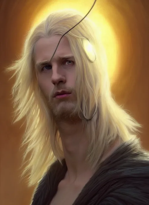 Image similar to Portrait of Clive Palmer, blonde shaggy hair, cloak, ethereal wings, fantasy, extremely detailed, digital painting, artstation, concept art, smooth, sharp focus, illustration, stunning lighting, art by artgerm and greg rutkowski and alphonse mucha and simon stalenhag, realistic character concept, high fantasy, light atmosphere, golden ratio, cinematic lighting, hyperdetailed, high resolution, insanely detailed and intricate, artstation, Marc Simonetti, Greg Rutkowski, 8k