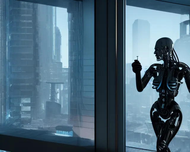 Image similar to a terminator cyborg lady with borg implants and optical fibers is drinking coffee near a window with dystopian city visible outside. very detailed 8 k. cyberpunk style. unreal engine render. global illumination. nanite. rtx. path tracing.