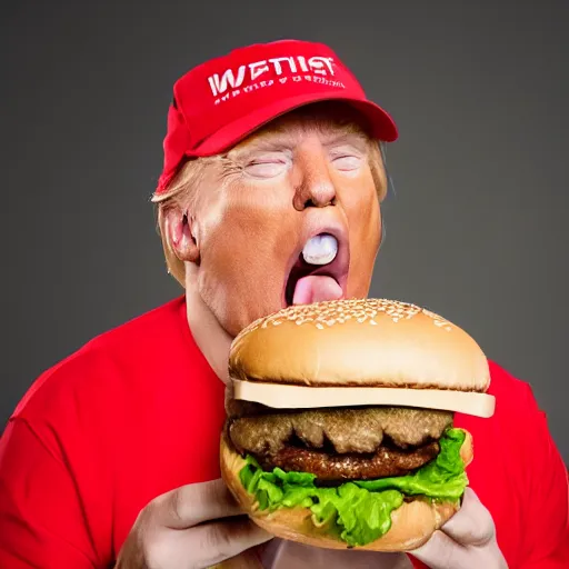 Prompt: photo still of donald trump! licking! a burger with his! tongue! out, mmmmm, moist, studio portrait photo, studio lighting, rim light, key light, food photography, 3 5 mm f 1. 8