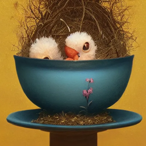 Prompt: soulful long shot of a very cute monster chick nesting in a very romantique floral cup, by esao andrews, by james jean, very humorous illustration, big depth of field, perspectice perception, volumetric light, warm cosy colors, night scenery, low light, unreal engine 5, 8 k, conceptart, hyperdetailed, hyperrealistic, trending on artstation