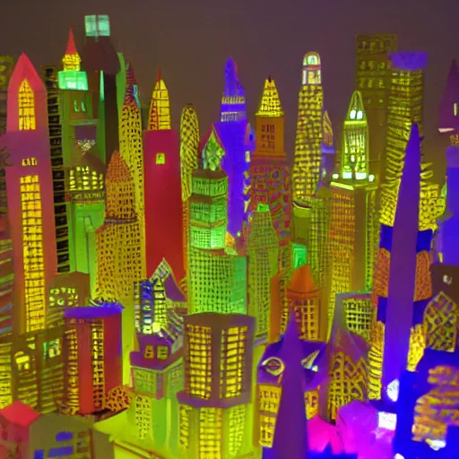 Prompt: an illuminated city made of origami paper glowing