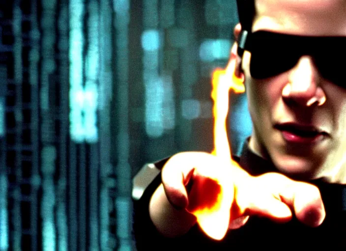 Image similar to Movie still of Neo in The Matrix movie doing a thumb up to the camera in front on burning servers.