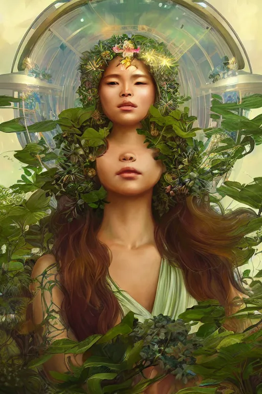 Image similar to portrait of Celestial Hawaiian Goddess as a futuristic princess, inside future fighter, sci-fi, fantasy, intricate, lush garden spaceship, elegant, human anatomy, royal green and nature light, highly detailed, digital painting, artstation, concept art, smooth, sharp focus, illustration, art by tian zi and WLOP and alphonse mucha