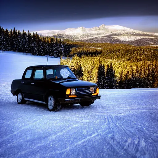 Image similar to a black lada in the snowy mountains, ptomotional photograph, natural, hdr, golden hour