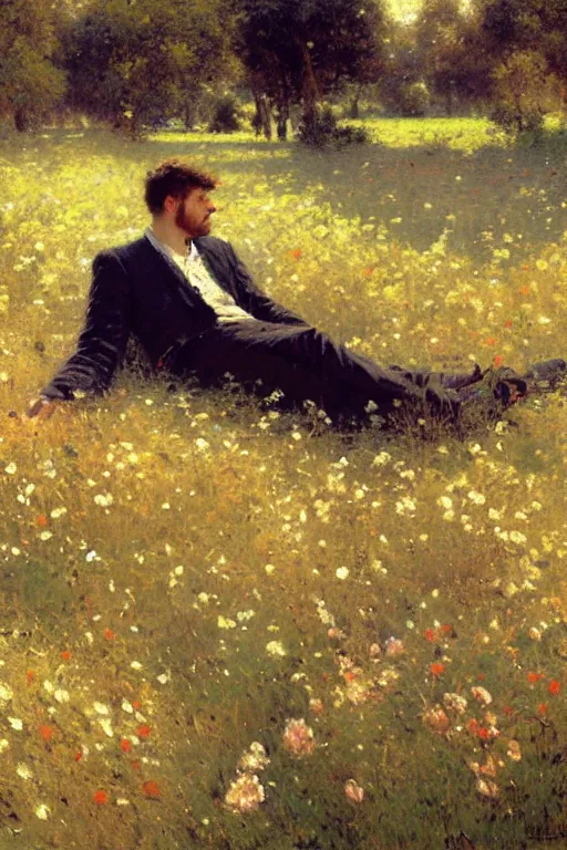 Image similar to attractive man relaxing in flower field, painting by gaston bussiere, craig mullins