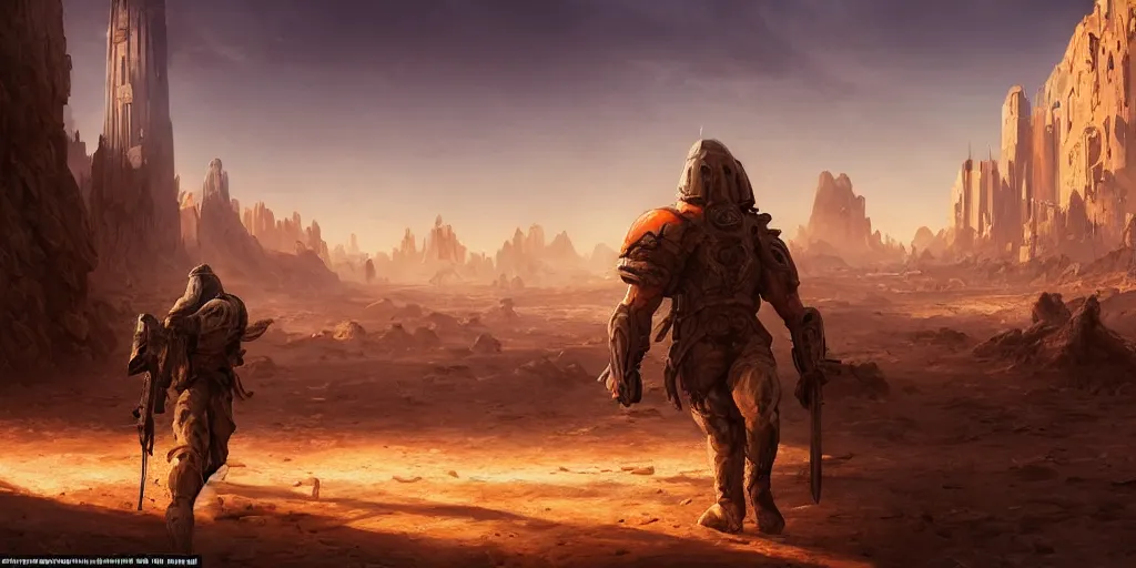 Image similar to detailed concept illustration, matte painting, strong muscular older soldier roaming through desert with city in the skyline, two suns, purple sky orange colors, ant aliens at the horizon, sharp focus, illustration, highly detailed, digital painting, concept art, matte, art by wlop and artgerm and greg rutkowski, masterpiece