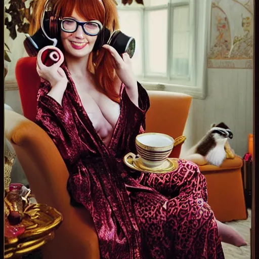 Image similar to a stunning hyper-detailed portrait photo of a beautiful bespectacled woman with long auburn hair and bangs, dressed in a luxurious silk robe, wearing futuristic headphones and posing with raccoons and parrots in an overstuffed easy chair in her sunlit living room, holding a coffee mug decorated with raccoons, and holding a strawberry-glazed donut and smoking an elaborate hookah, perfect eyes, octane render, unreal engine, 85 mm lens,