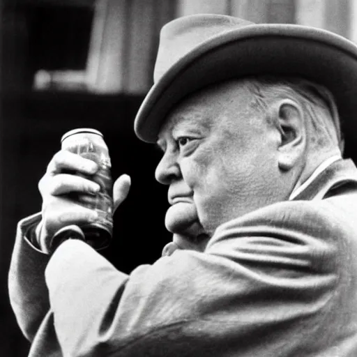 Image similar to Winston Churchill drinking a can of coca cola, profile photograph